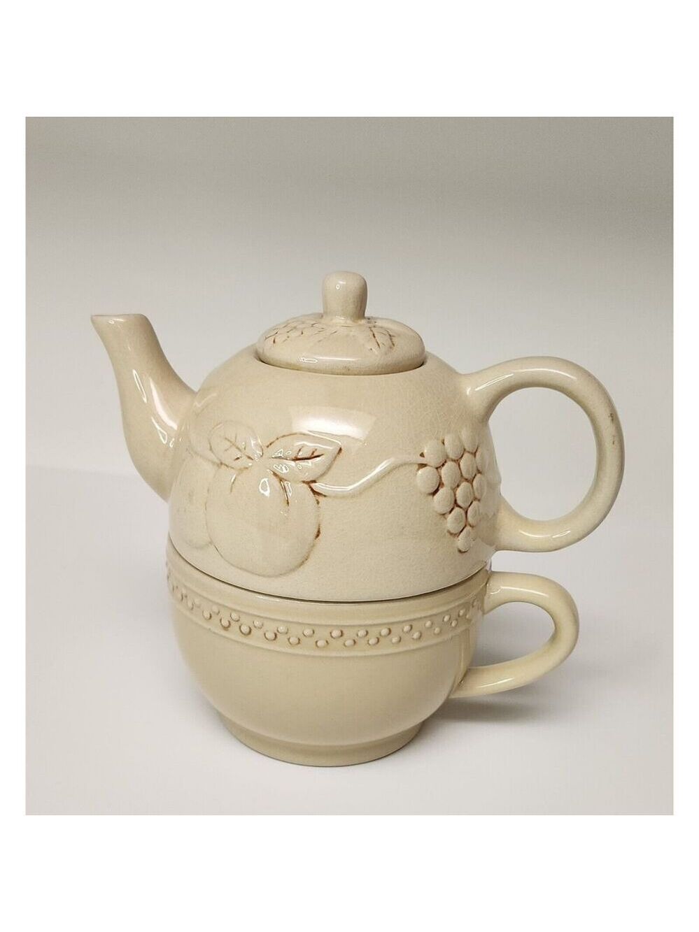 TWO PART TEA CUP AND INDIVIDUAL TEA POT COMBO FRUIT MOTIF